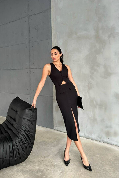 V NECK LONG BUTTONS WOMEN DRESS BLACK/ E ZEZE - 2