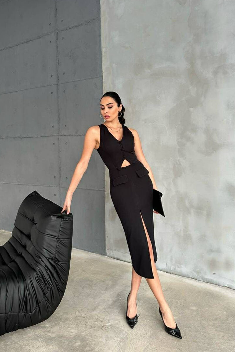 V NECK LONG BUTTONS WOMEN DRESS BLACK/ E ZEZE - 2