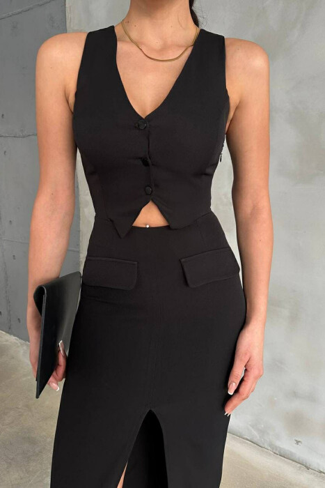 V NECK LONG BUTTONS WOMEN DRESS BLACK/ E ZEZE - 3