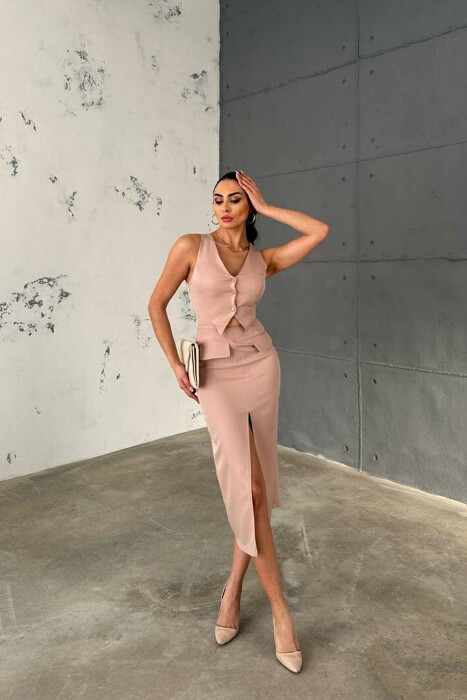 V NECK LONG BUTTONS WOMEN DRESS POWDER/PUDER 