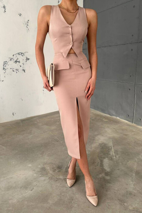 V NECK LONG BUTTONS WOMEN DRESS POWDER/PUDER - 3