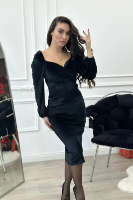 V NECK LONG VELVET DRESS BLACK/ E ZEZE 