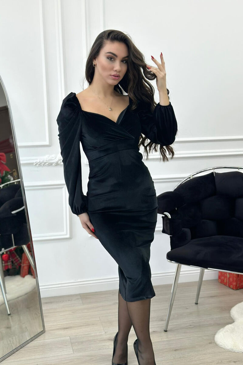 V NECK LONG VELVET DRESS BLACK/ E ZEZE - 1