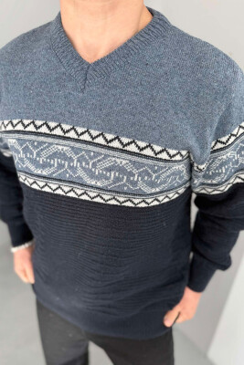 V NECK MEN SWEATER DARK BLUE/BEE 