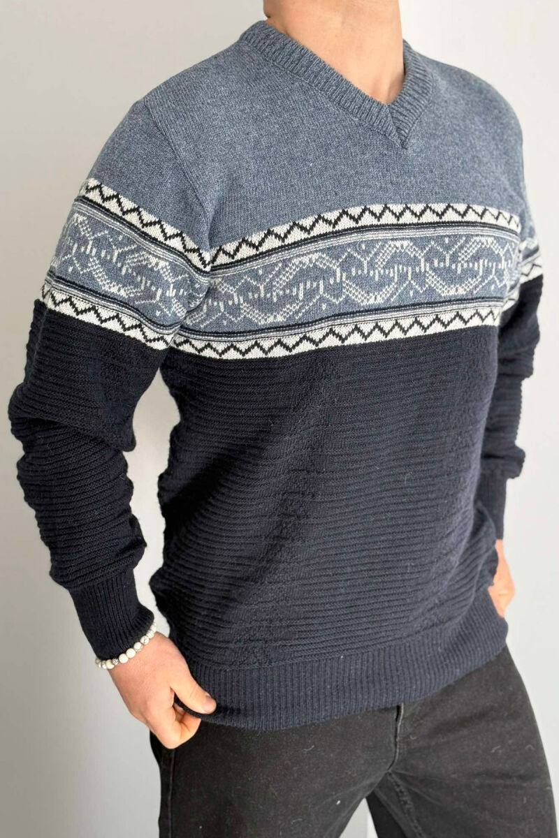 V NECK MEN SWEATER DARK BLUE/BEE - 2