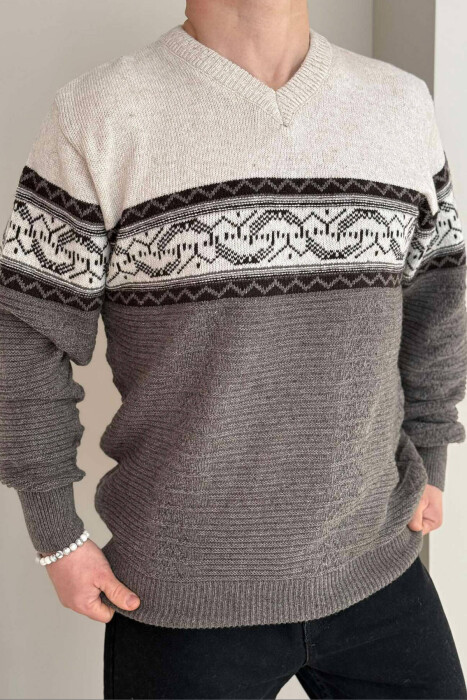 V NECK MEN SWEATER IN BROWN COLOR - 1