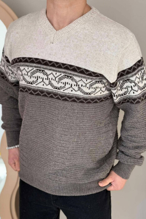 V NECK MEN SWEATER IN BROWN COLOR - 4