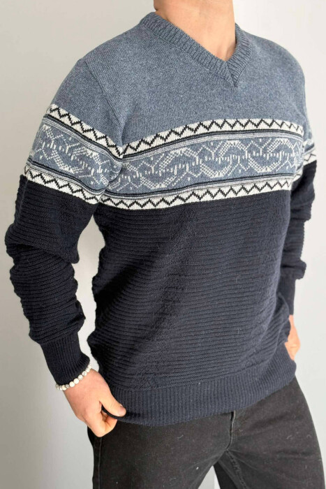 V NECK MEN SWEATER IN DARK BLUE COLOR - 2