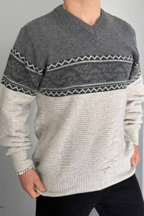 V NECK MEN SWEATER IN LIGHT GREY COLOR - 1