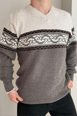 V NECK MEN SWEATER LIGHT BROWN/KAZB 