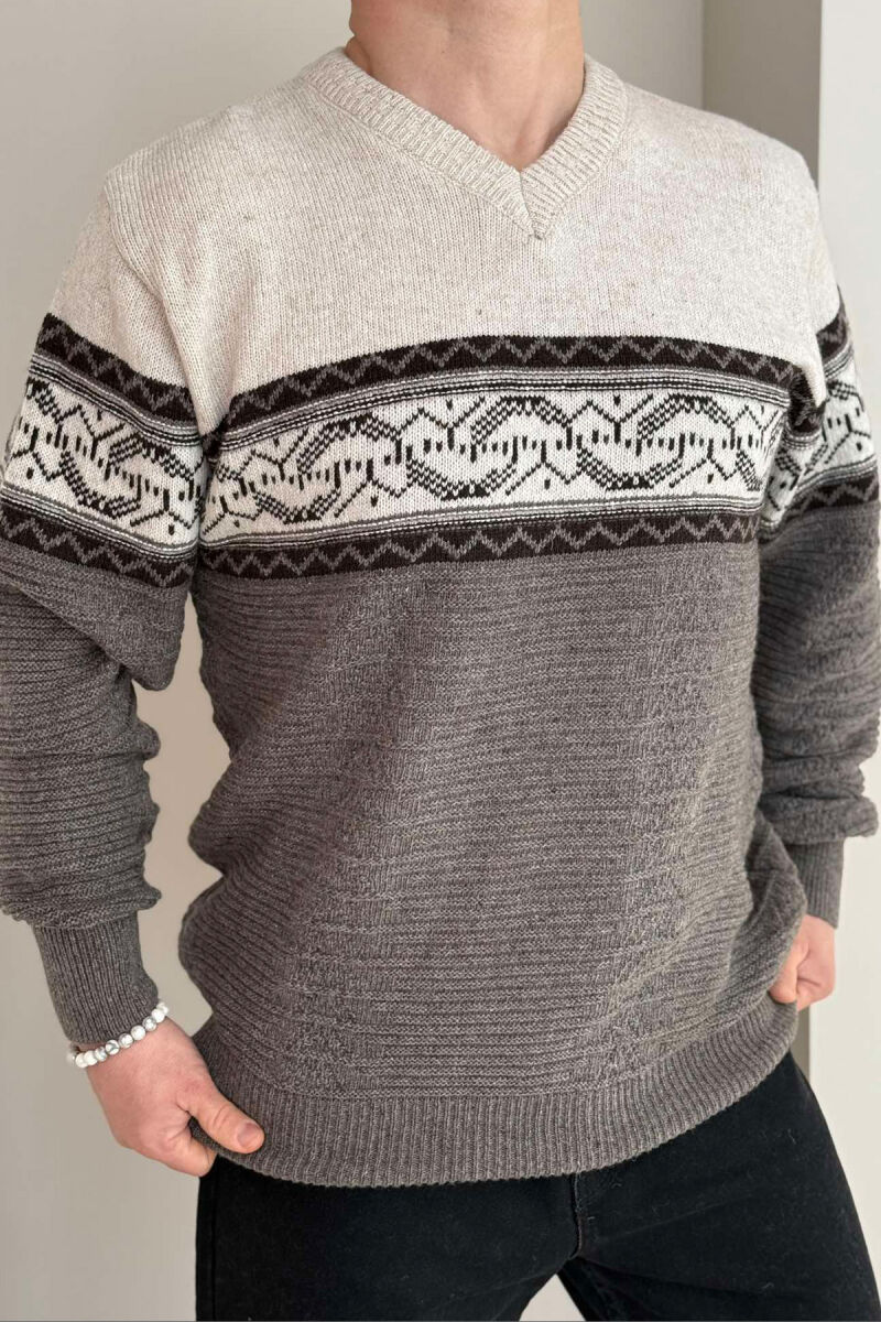 V NECK MEN SWEATER LIGHT BROWN/KAZB - 1