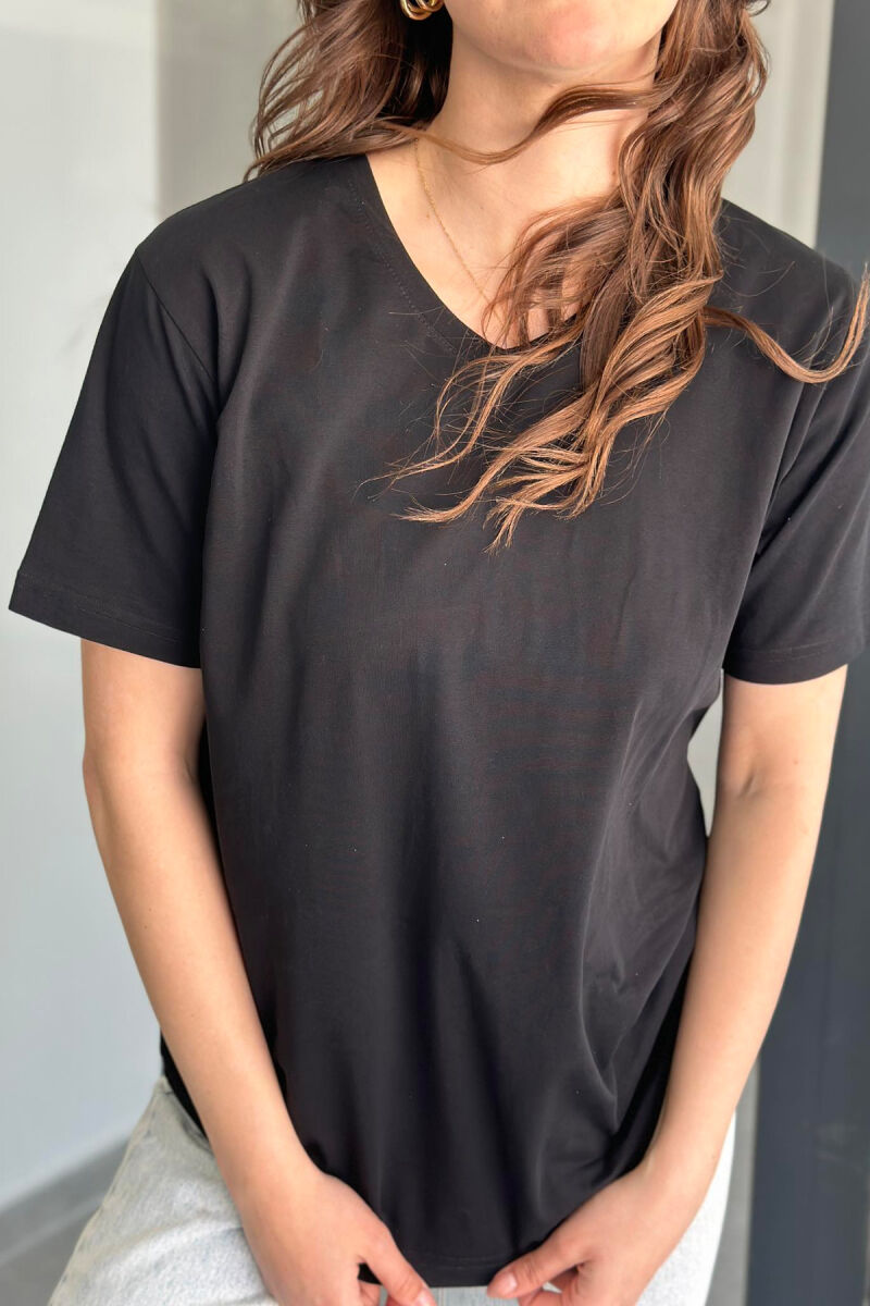 V NECK ONE COLOR COTTON WOMAN T-SHIRT BLACK/ E ZEZE - 2