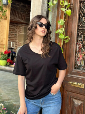 V NECK ONE COLOR COTTON WOMAN T-SHIRT BLACK/ E ZEZE 