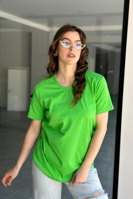 V NECK ONE COLOR COTTON WOMAN T-SHIRT GREEN/JESHILE 