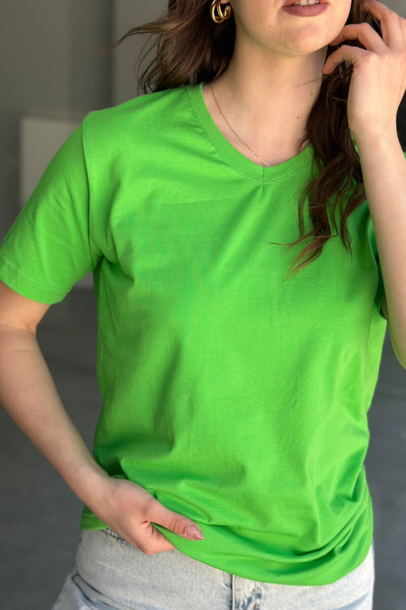 V NECK ONE COLOR COTTON WOMAN T-SHIRT GREEN/JESHILE - 2