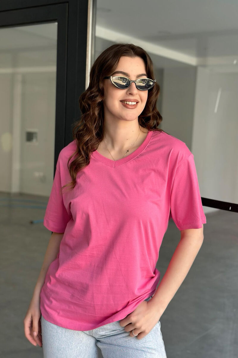 V NECK ONE COLOR COTTON WOMAN T-SHIRT PINK/ROZE - 1