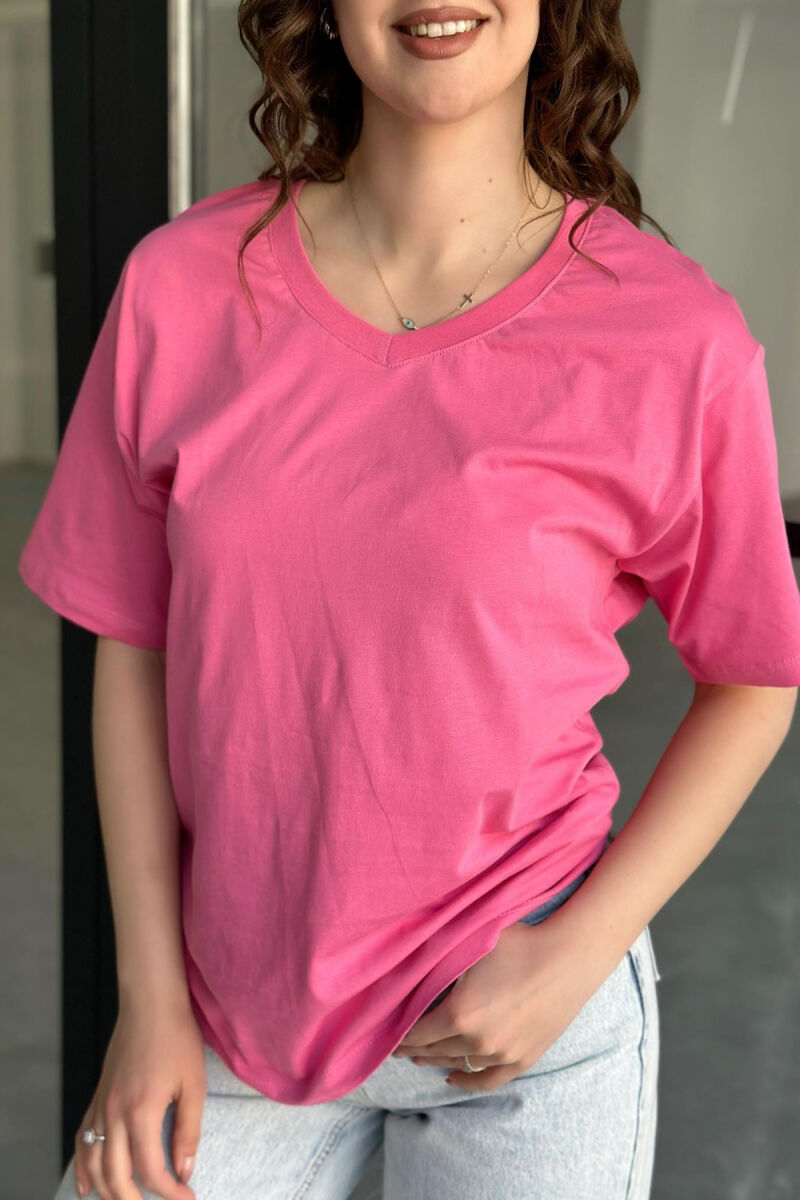 V NECK ONE COLOR COTTON WOMAN T-SHIRT PINK/ROZE - 2