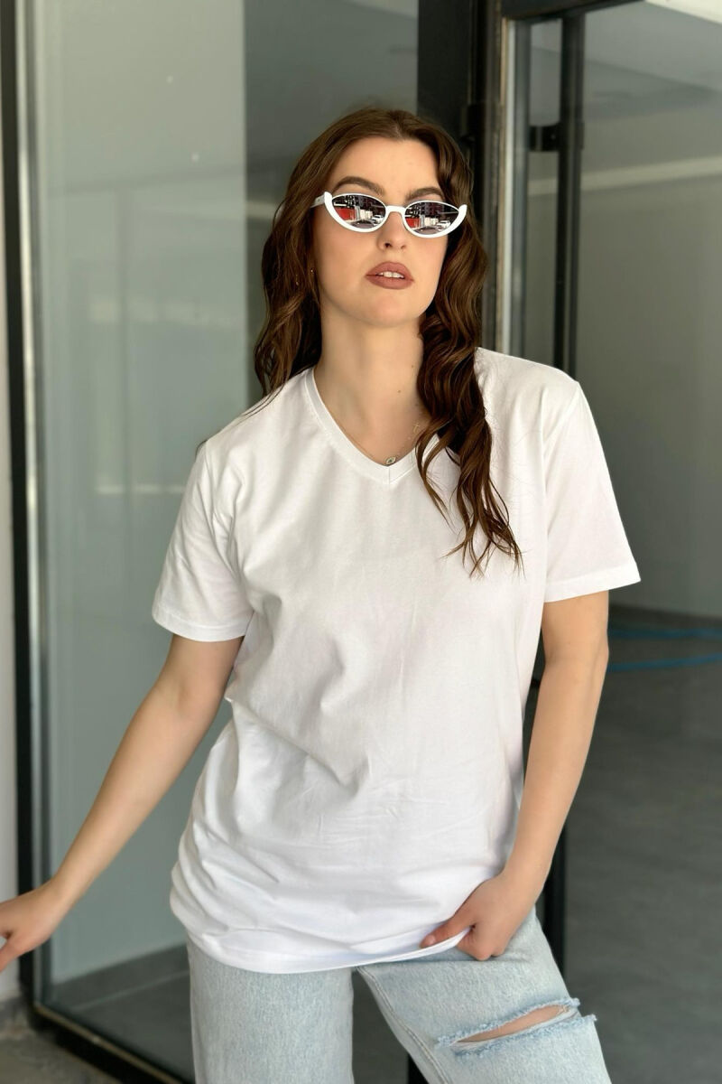 V NECK ONE COLOR COTTON WOMAN T-SHIRT WHITE-E BARDHE - 1