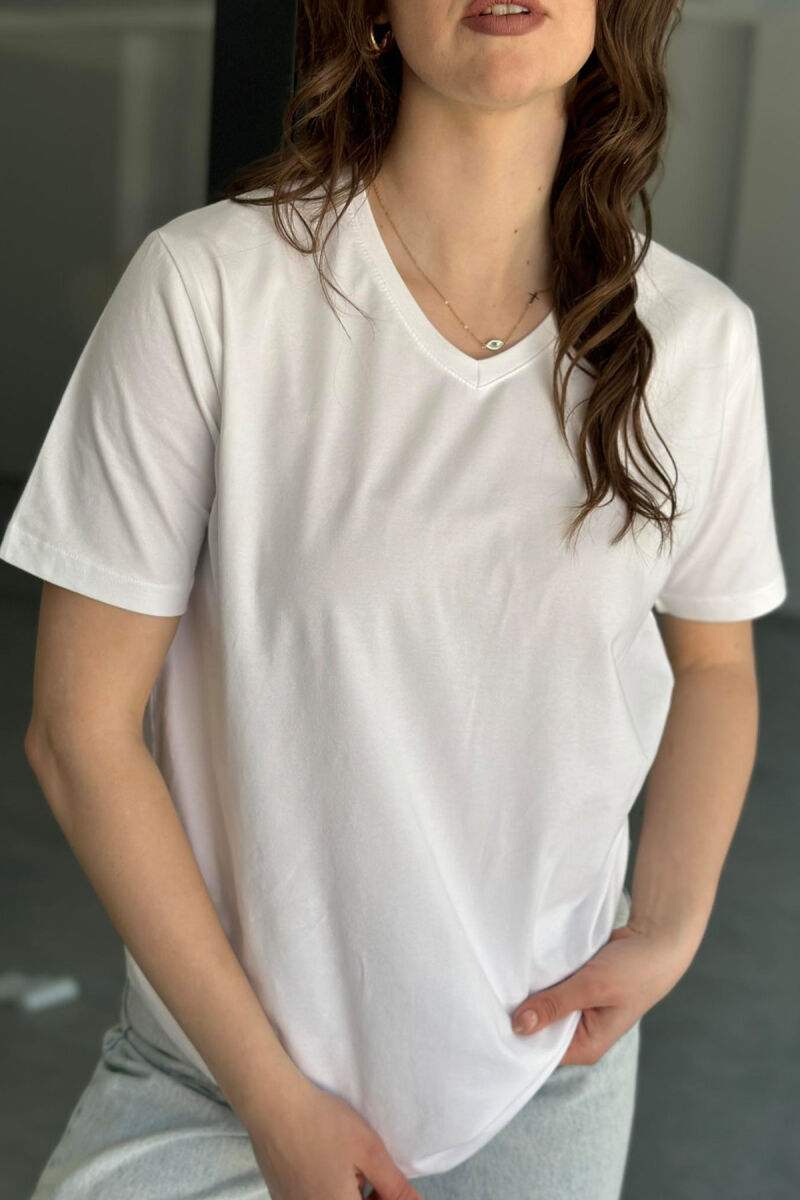 V NECK ONE COLOR COTTON WOMAN T-SHIRT WHITE-E BARDHE - 2