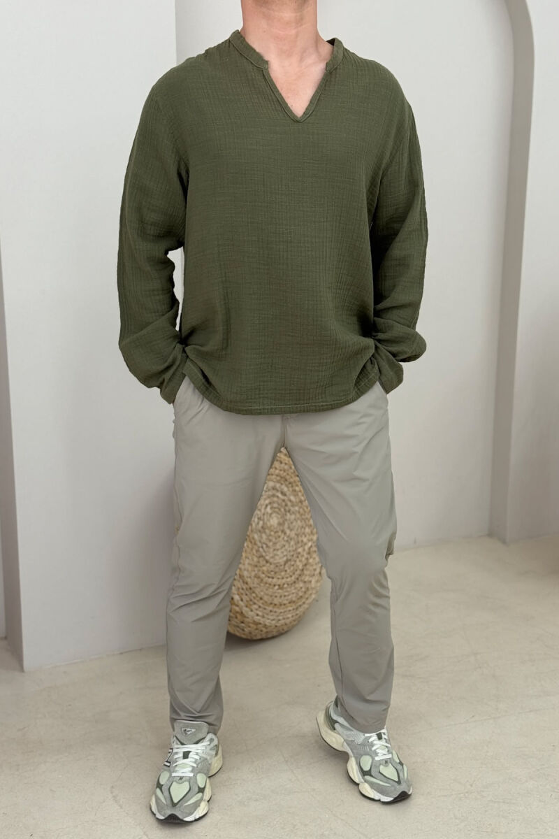 V NECK ONE COLOR MEN SHIRT GREEN/JESHILE - 1