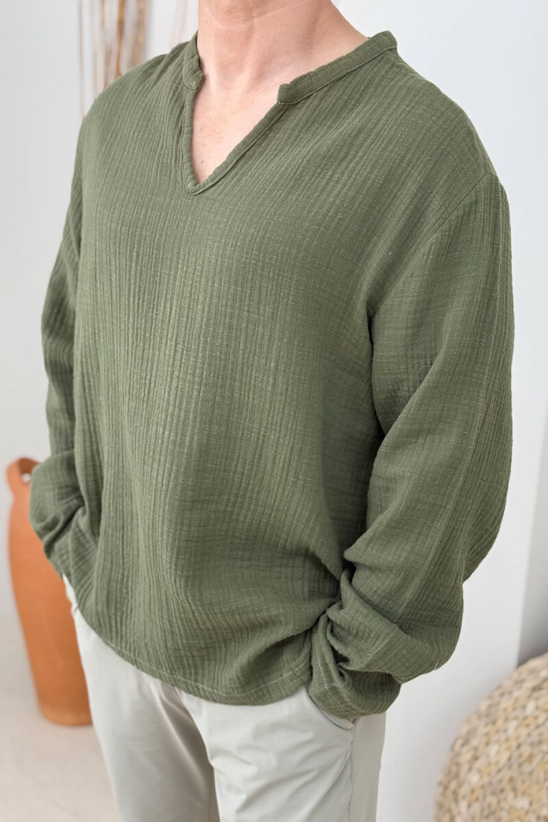 V NECK ONE COLOR MEN SHIRT GREEN/JESHILE - 2
