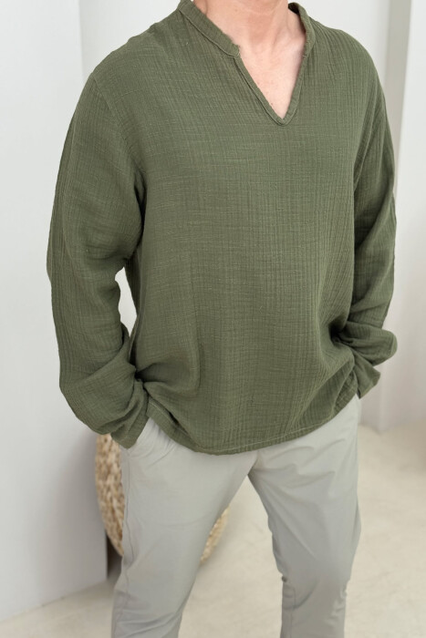 V NECK ONE COLOR MEN SHIRT GREEN/JESHILE - 3