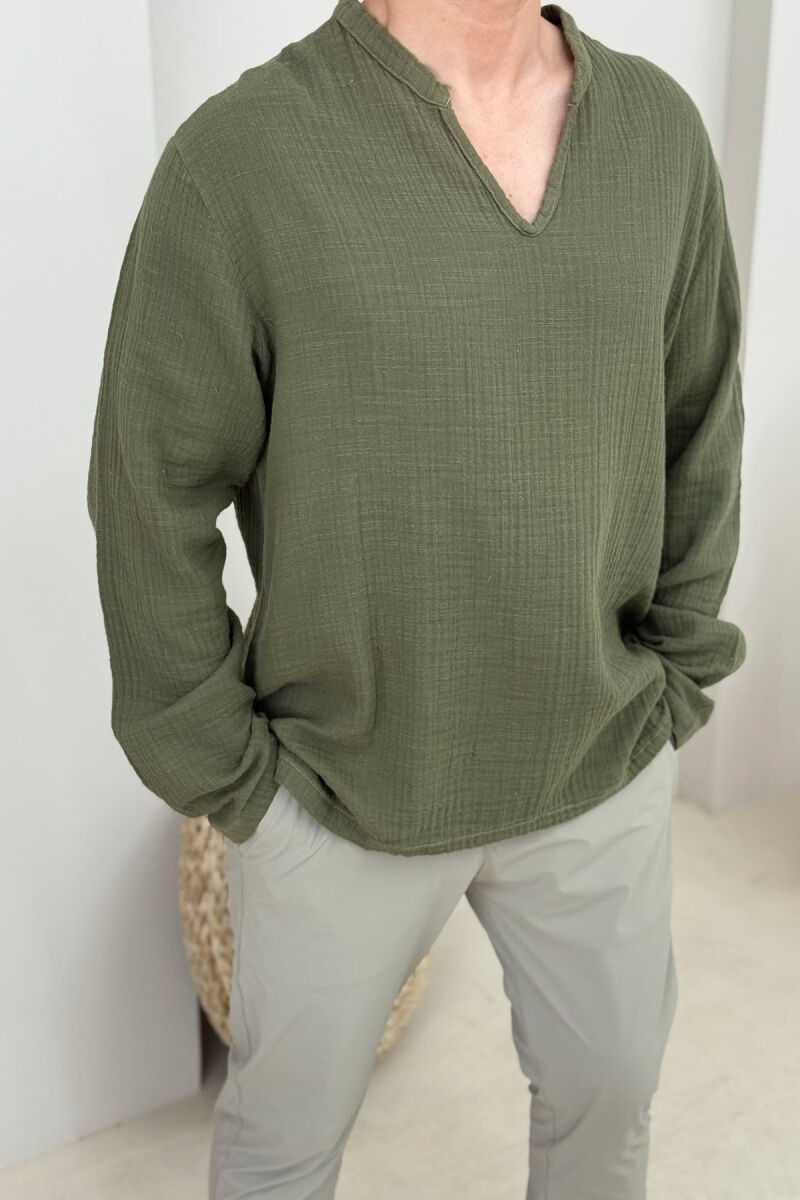 V NECK ONE COLOR MEN SHIRT GREEN/JESHILE - 3