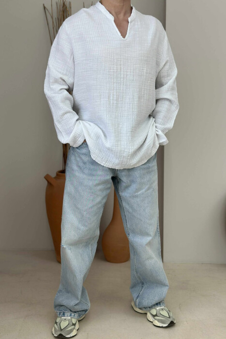 V NECK ONE COLOR MEN SHIRT WHITE-E BARDHE 