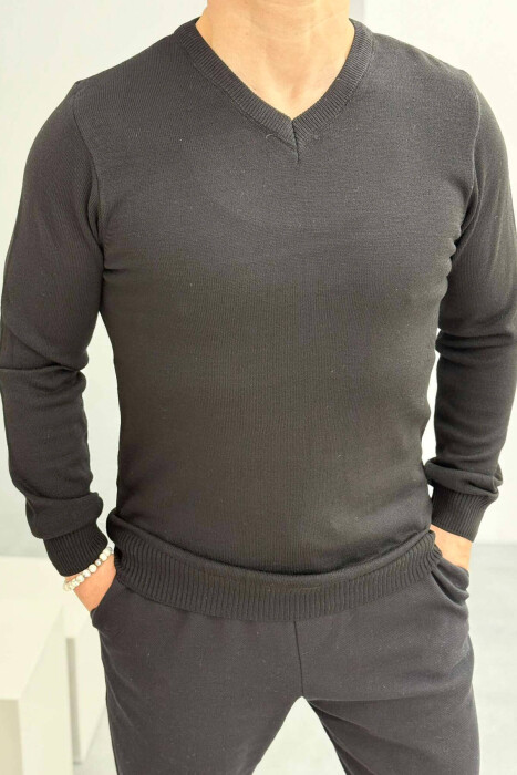 V NECK ONE COLOR MEN SWEATER BLACK/ E ZEZE - 1