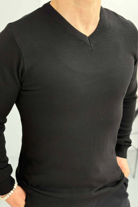 V NECK ONE COLOR MEN SWEATER BLACK/ E ZEZE - 2