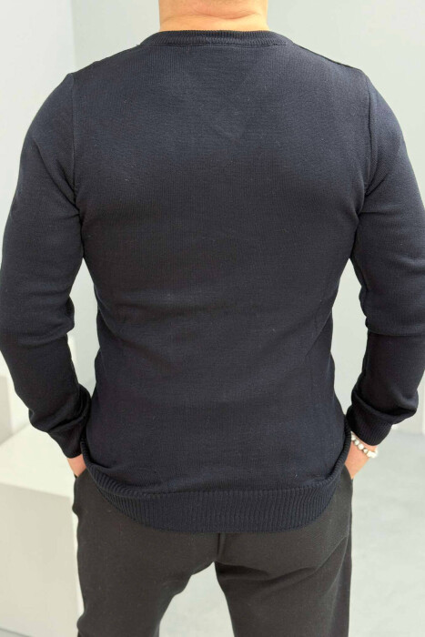 V NECK ONE COLOR MEN SWEATER DARK BLUE/BEE - 3