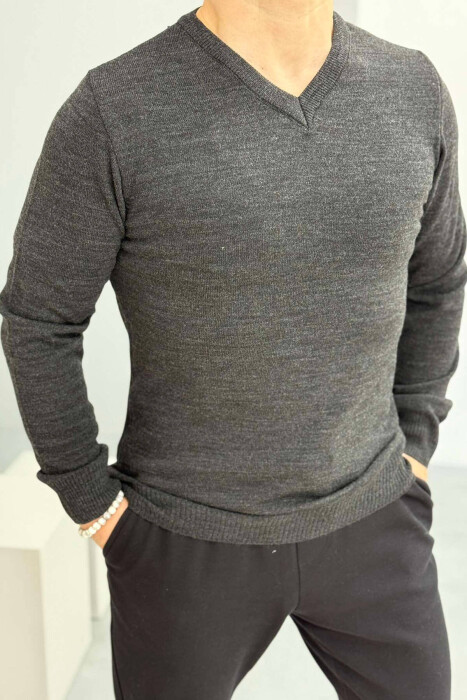 V NECK ONE COLOR MEN SWEATER DARK GREY/GEE 