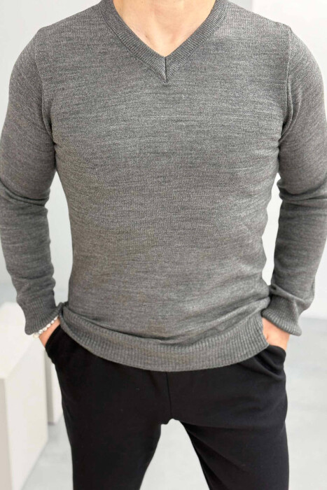 V NECK ONE COLOR MEN SWEATER GREY/GRI 