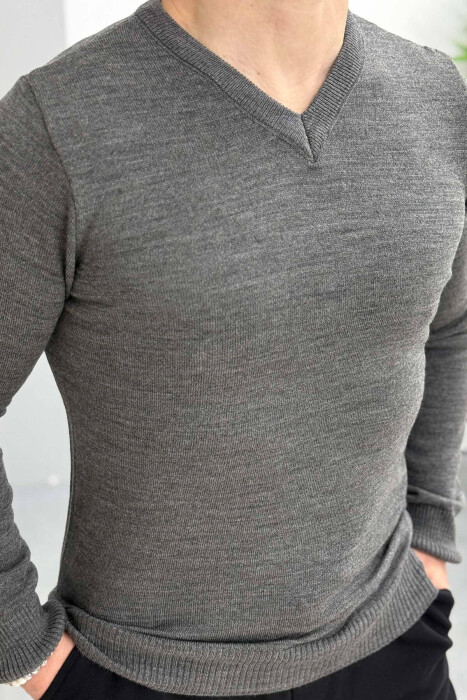 V NECK ONE COLOR MEN SWEATER GREY/GRI - 2