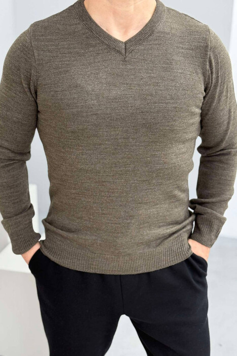 V NECK ONE COLOR MEN SWEATER LIGHT BROWN/KAZB 