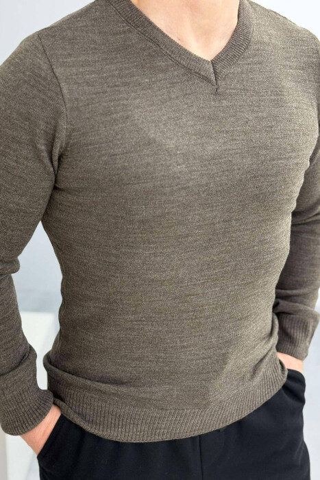 V NECK ONE COLOR MEN SWEATER LIGHT BROWN/KAZB - 2