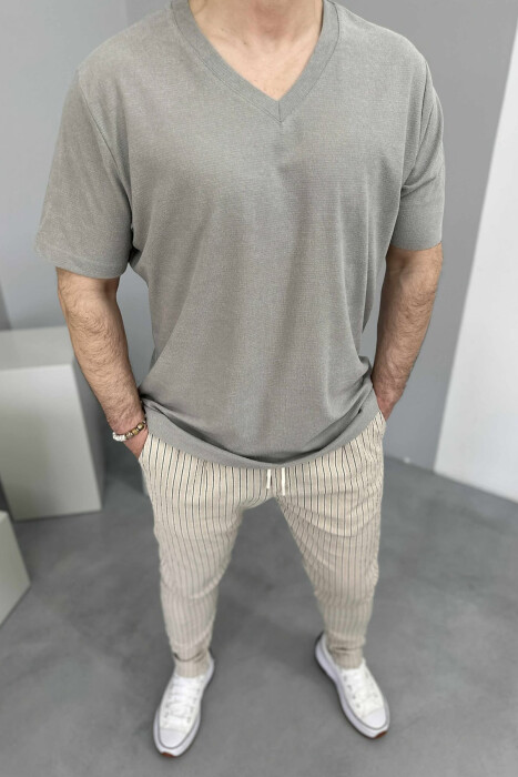 V NECK ONE COLOR MEN T-SHIRT GREY/GRI - 2