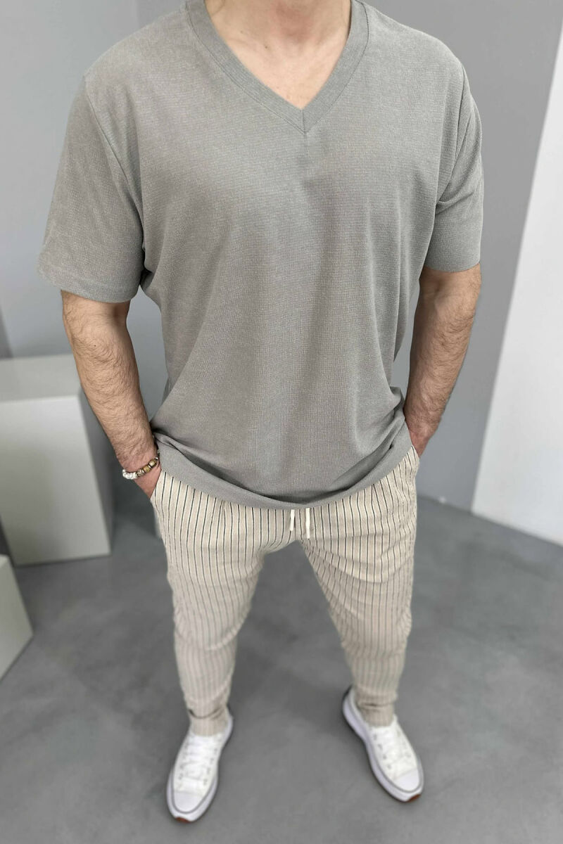 V NECK ONE COLOR MEN T-SHIRT GREY/GRI - 2