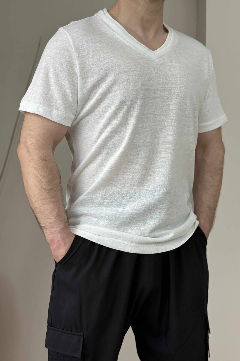 V NECK ONE COLOR MEN T-SHIRT WHITE-E BARDHE - 2