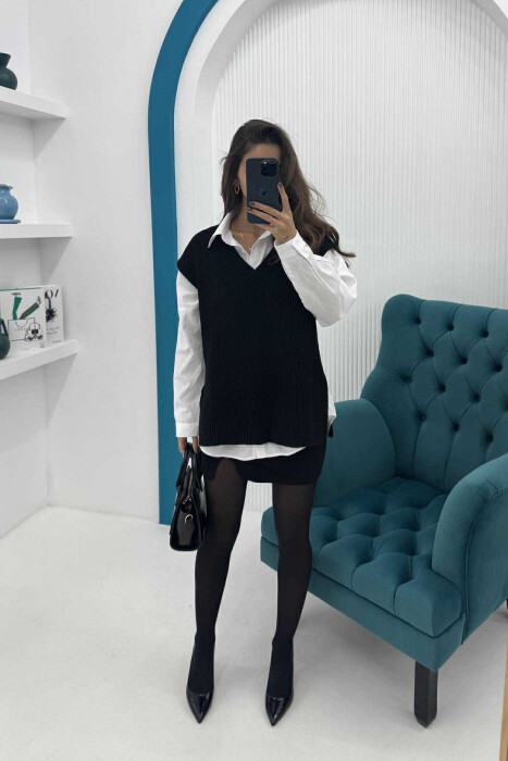 V NECK ONE COLOR SIMPLE WOMEN VEST BLACK/ E ZEZE - 1