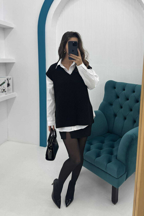 V NECK ONE COLOR SIMPLE WOMEN VEST BLACK/ E ZEZE - 2