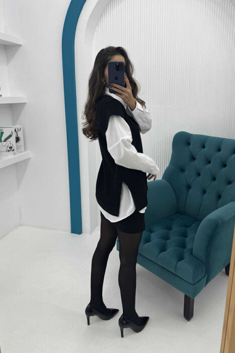 V NECK ONE COLOR SIMPLE WOMEN VEST BLACK/ E ZEZE - 3