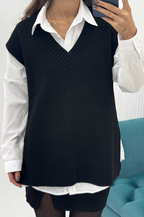 V NECK ONE COLOR SIMPLE WOMEN VEST BLACK/ E ZEZE - 4