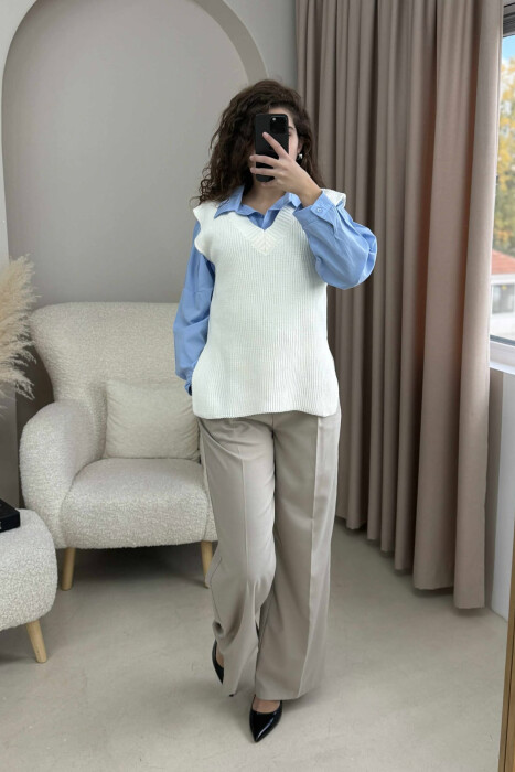 V NECK ONE COLOR SIMPLE WOMEN VEST CREAM/KREM 