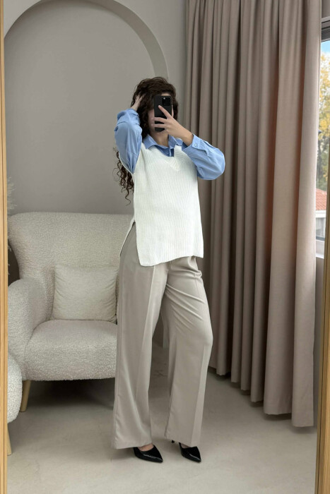 V NECK ONE COLOR SIMPLE WOMEN VEST CREAM/KREM - 3