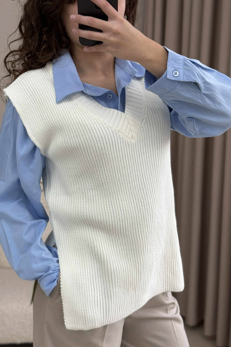 V NECK ONE COLOR SIMPLE WOMEN VEST CREAM/KREM - 4