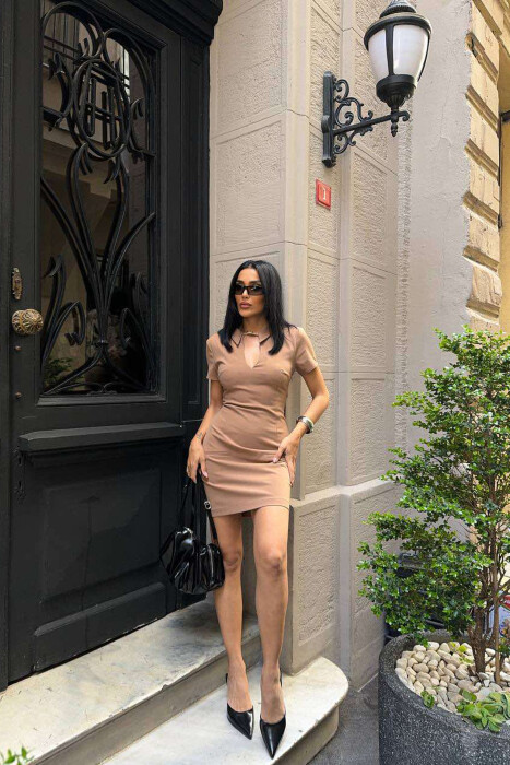V NECK ONE COLOR WOMEN DRESS LIGHT BROWN/KAZB 