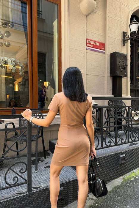V NECK ONE COLOR WOMEN DRESS LIGHT BROWN/KAZB - 3