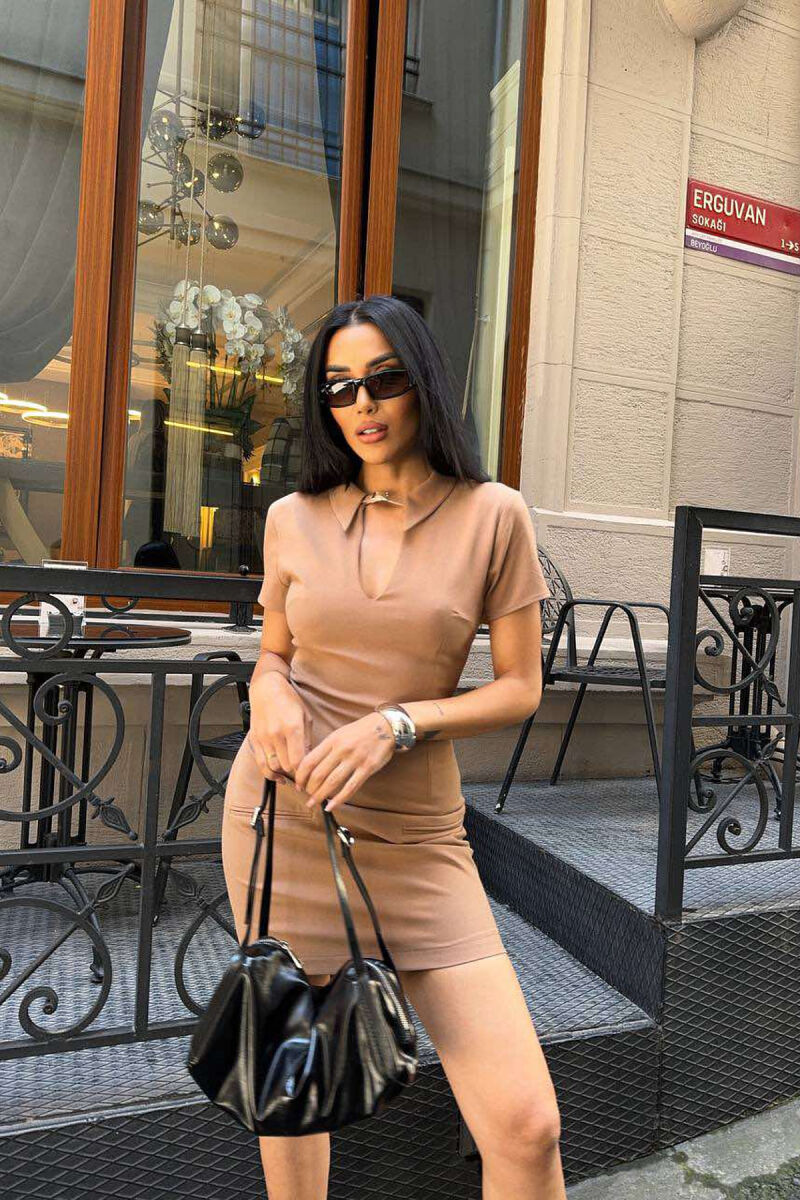 V NECK ONE COLOR WOMEN DRESS LIGHT BROWN/KAZB - 7