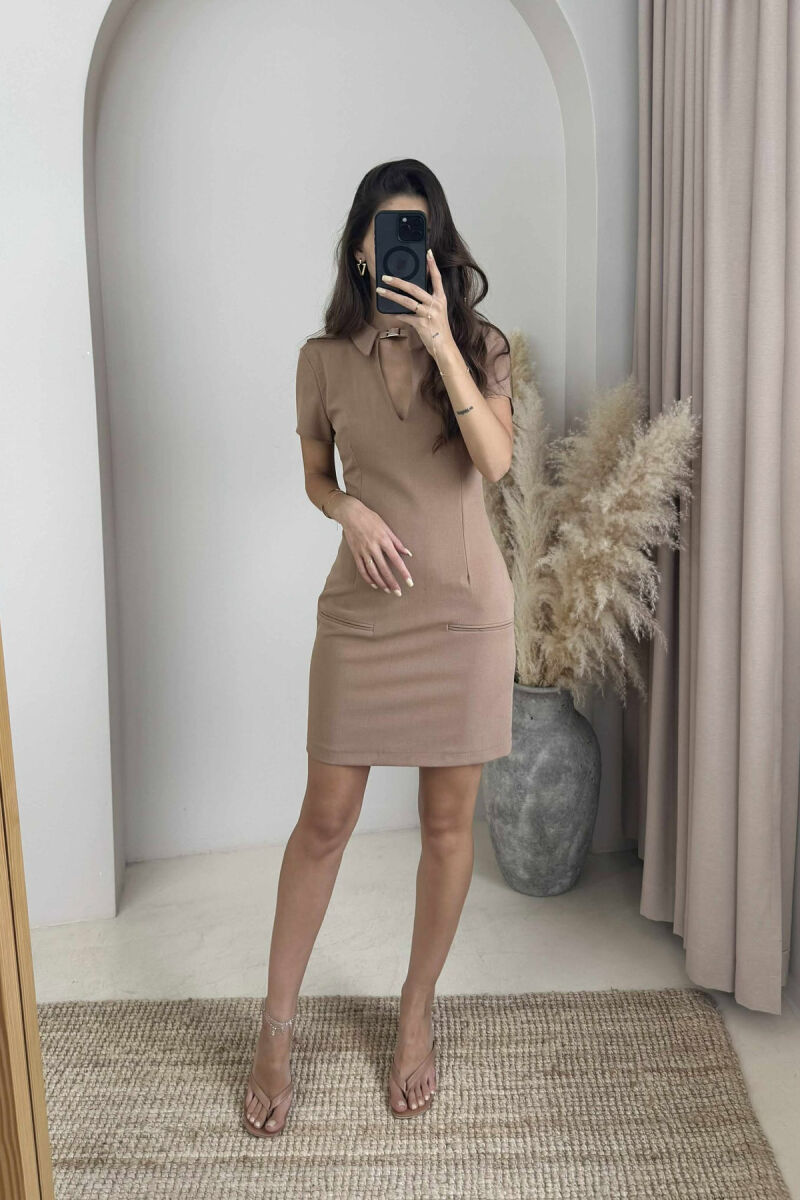 V NECK ONE COLOR WOMEN DRESS LIGHT BROWN/KAZB - 1